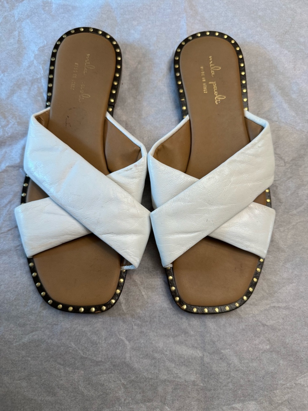 Mila Paoli White Crisscross Stud-Trim Slide Sandals